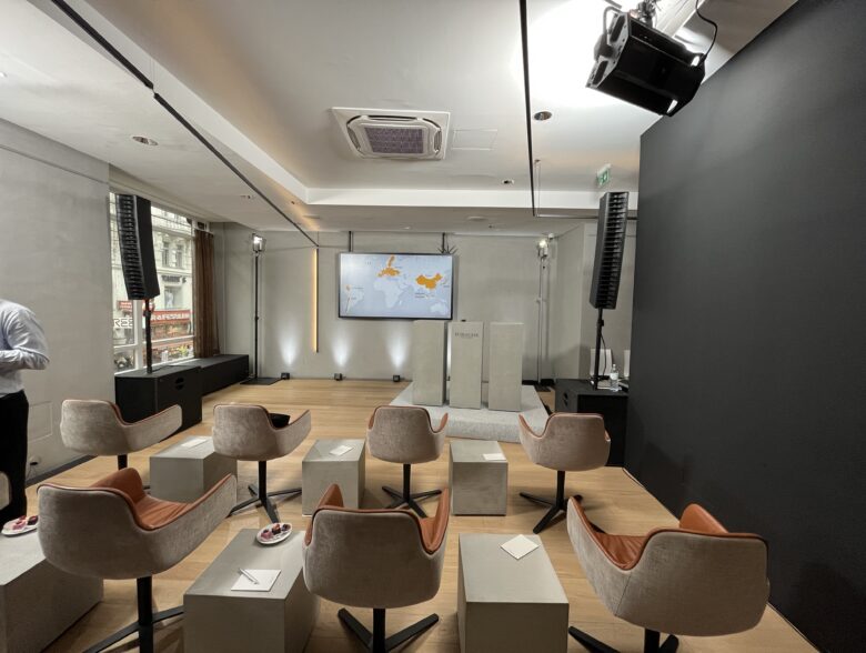 Seminarraum mit Sitzgruppen und Projektionsleinwand